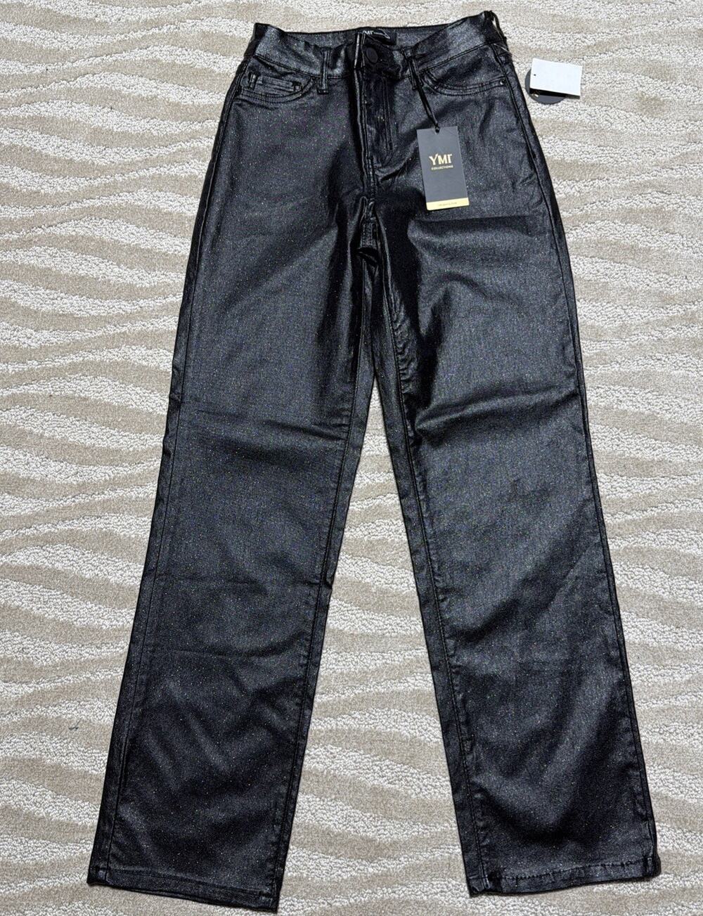 YMI Collection Black High Rise Metallic Straight Leg Pants Super Stretch M NWT